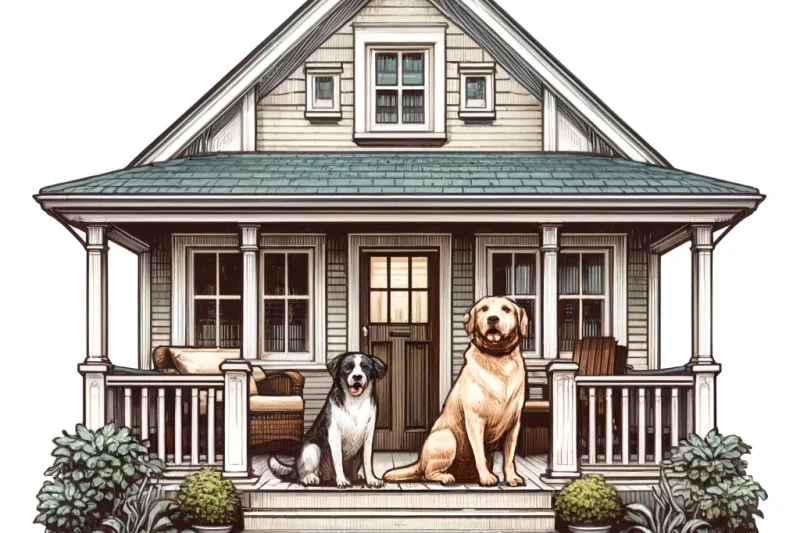 DALL.E 2024-05-06 13.06.05 - A cozy house with a welcoming porch, on which two dogs of different breeds are sitting. The house should be depicted in a traditional suburban style,